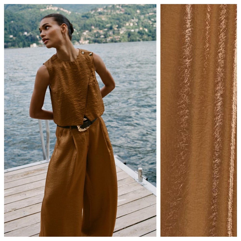 NWT. Zara Caramel Satin Effect High-waisted Trousers. Size M. - Picture 2 of 8